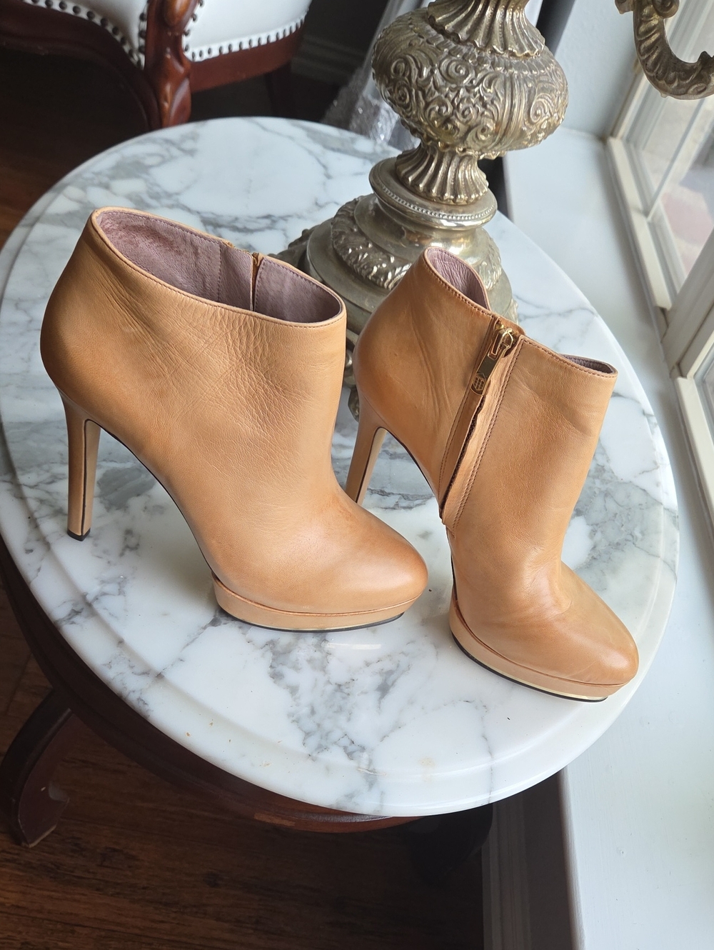 Vince Camuto Camel/Tan Leather High Heel Ankle Booties with Side Zip